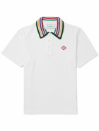 Casablanca - Logo-Appliquéd Striped Organic Cotton-Piqué Polo Shirt - White