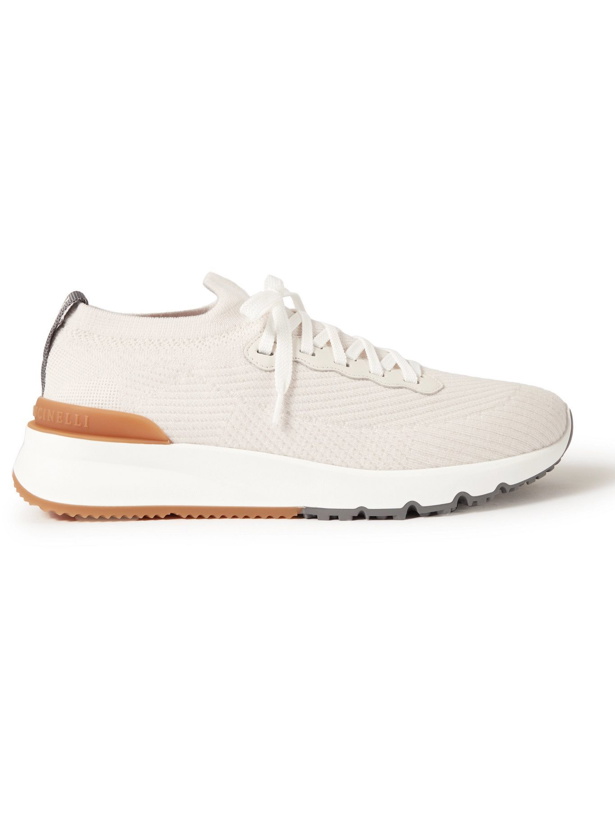 Photo: BRUNELLO CUCINELLI - Leather-Trimmed Stretch-Knit Sneakers - White