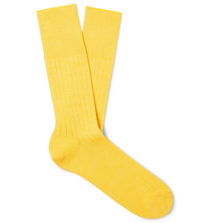 Photo: Mr P. - Ribbed Cotton-Blend Socks - Yellow