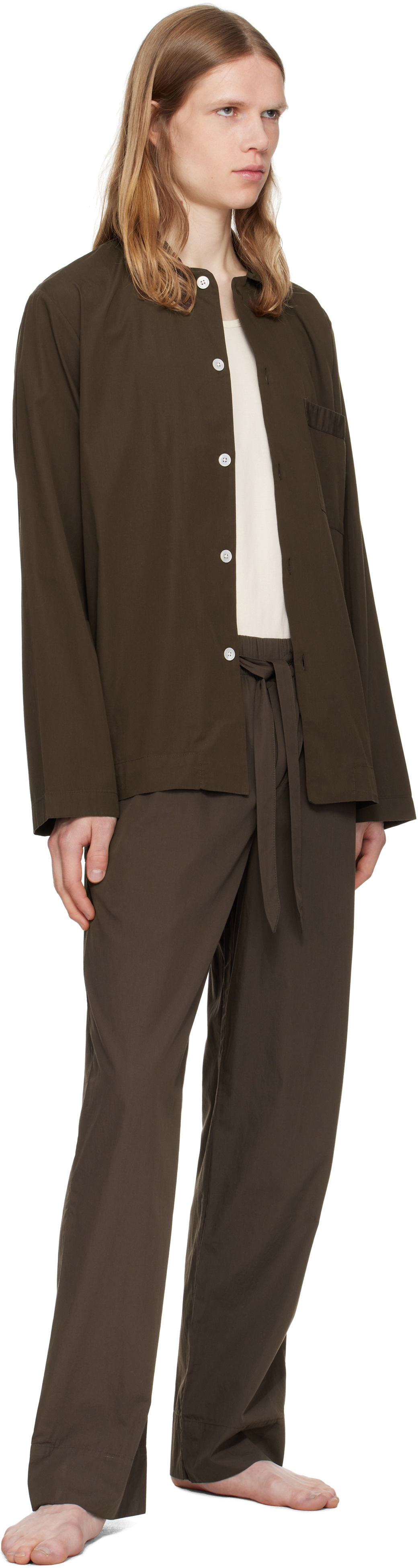 Tekla Brown Poplin Long-Sleeved Pyjama Shirt