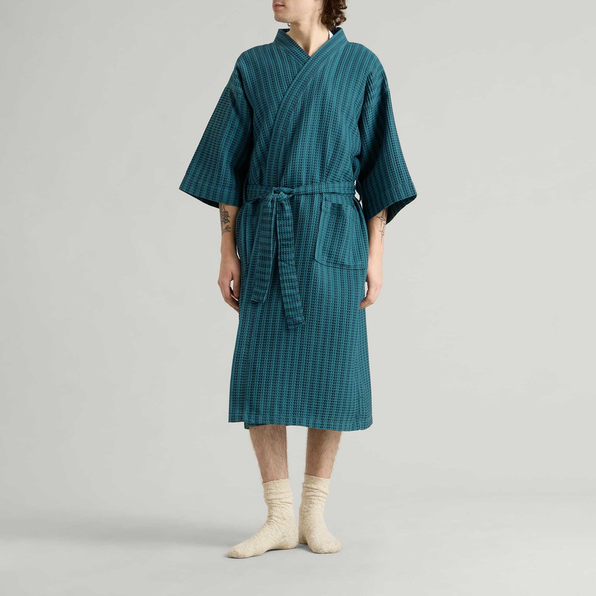 HAY Waffle Bathrobe in Stripe Petrol Blue