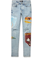 AMIRI - Playboy Skinny-Fit Distressed Printed Stretch-Denim Jeans - Blue