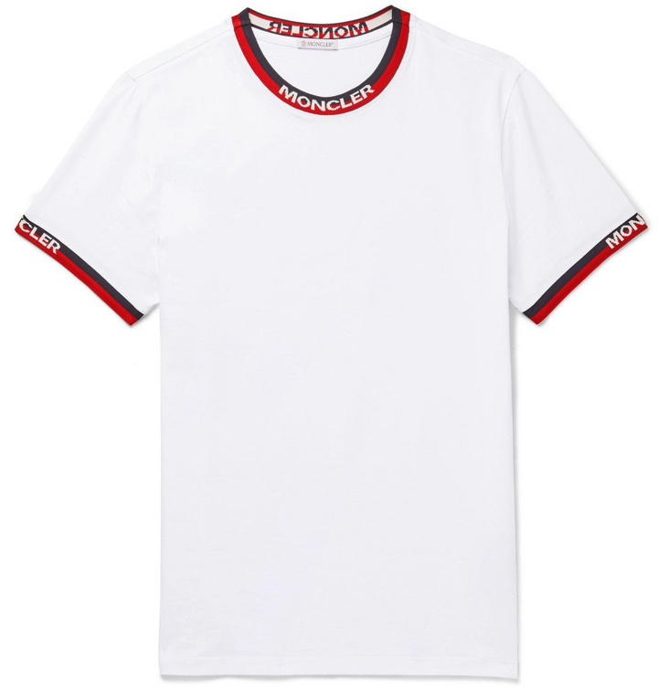 Photo: Moncler - Logo Webbing-Trimmed Stretch-Cotton Jersey T-Shirt - White