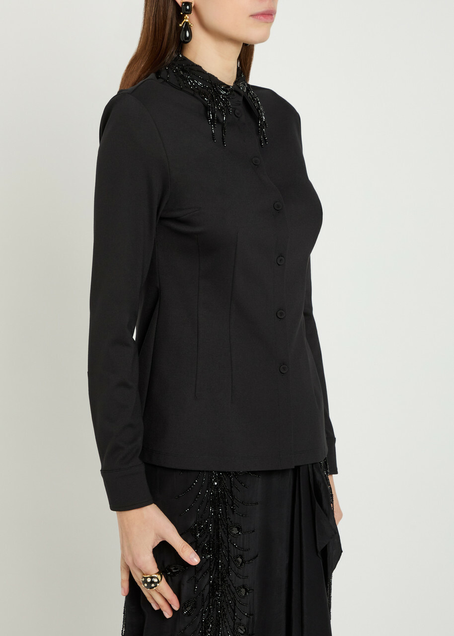 LA Double J Bead Embellished Collar Jersey Shirt Black