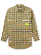 Palm Angels - Oversized Logo-Print Paint-Splattered Checked Cotton Shirt - Green