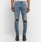 AMIRI - MX1 Skinny-Fit Leather-Panelled Distressed Stretch-Denim Jeans - Mid denim