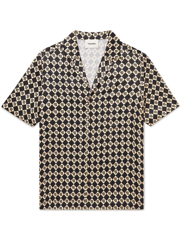 Photo: Nanushka - Venci Camp-Collar Logo-Print Satin Shirt - Black