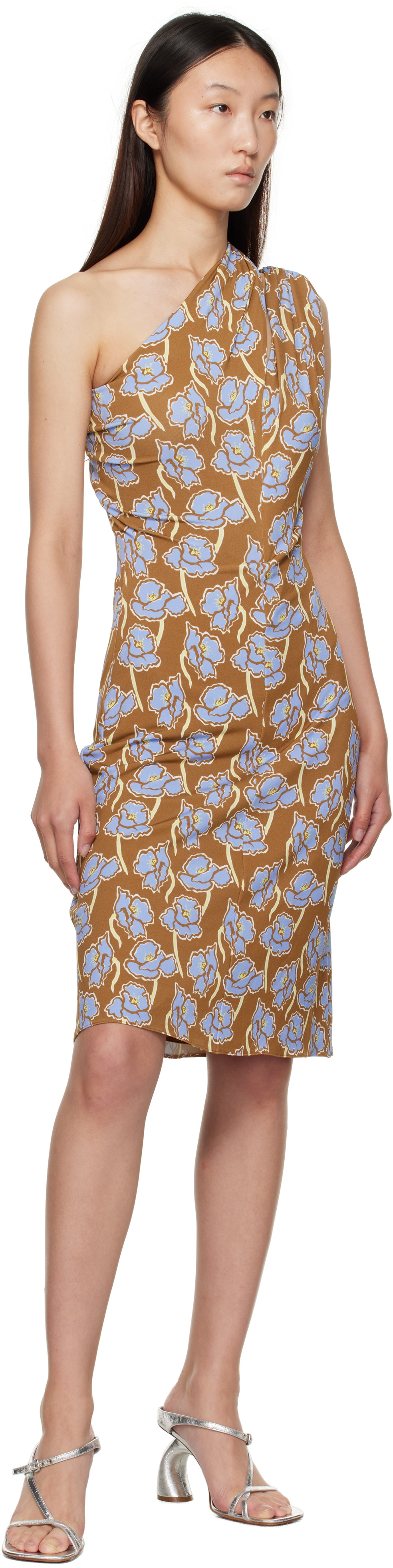 Versace Multicolor Poppies One-Shoulder Midi Dress