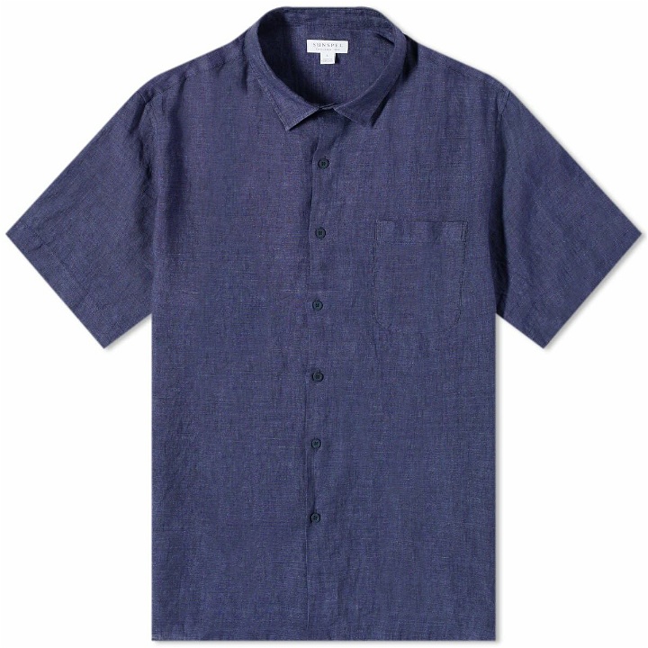 Photo: Sunspel Men's Linen Short Sleeve Shirt in Navy Melange