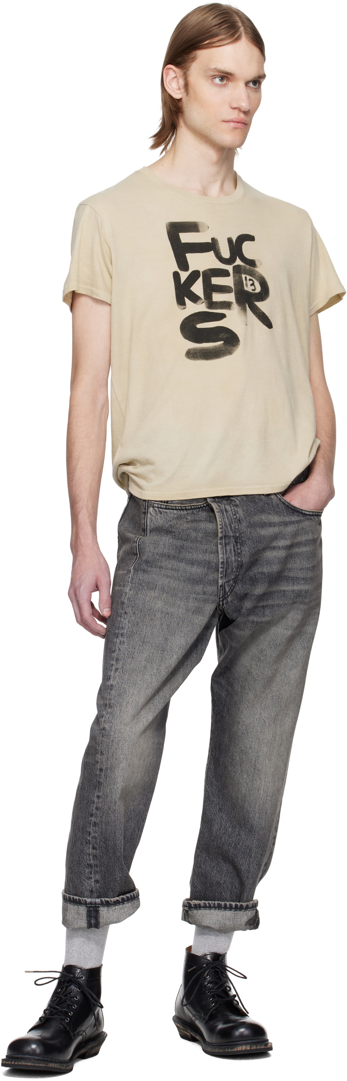 R13 Beige 'Fuckers' Boy T-shirt