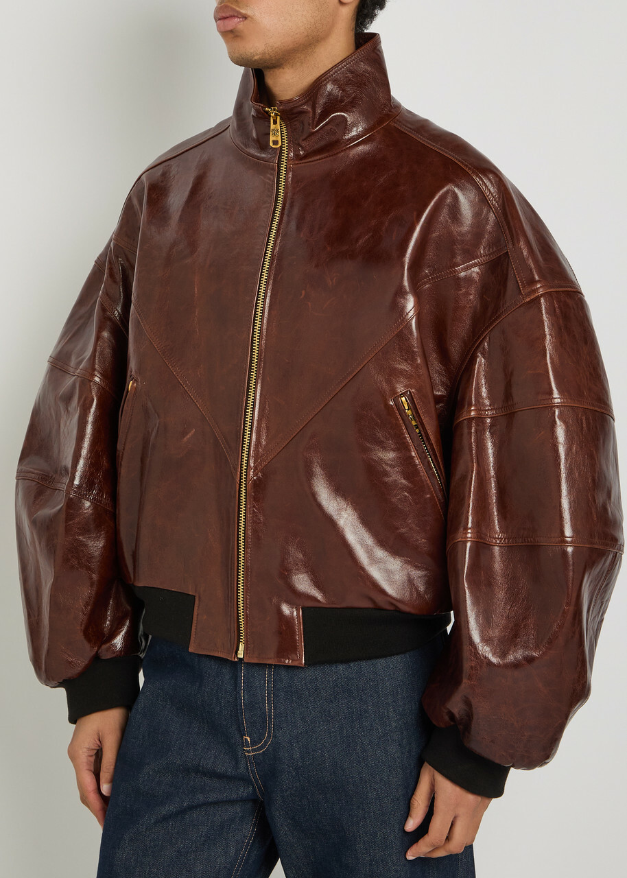 Willy Chavarria Quilted Leather Bomber Jacket Brown