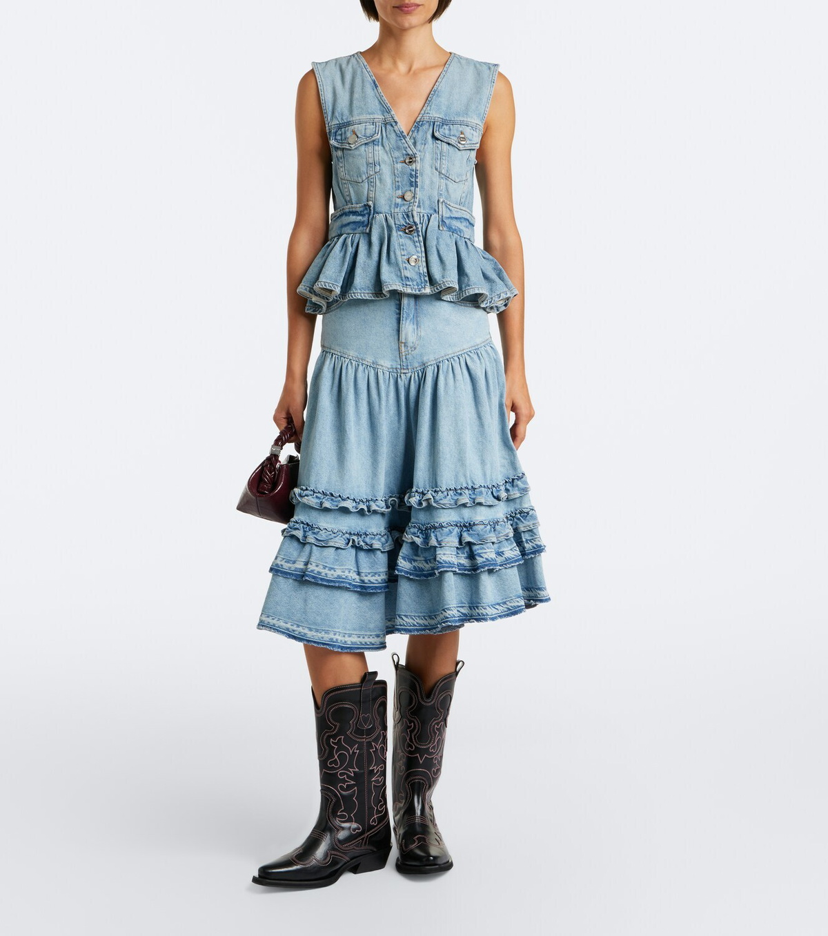 Ganni Ruffled denim midi skirt