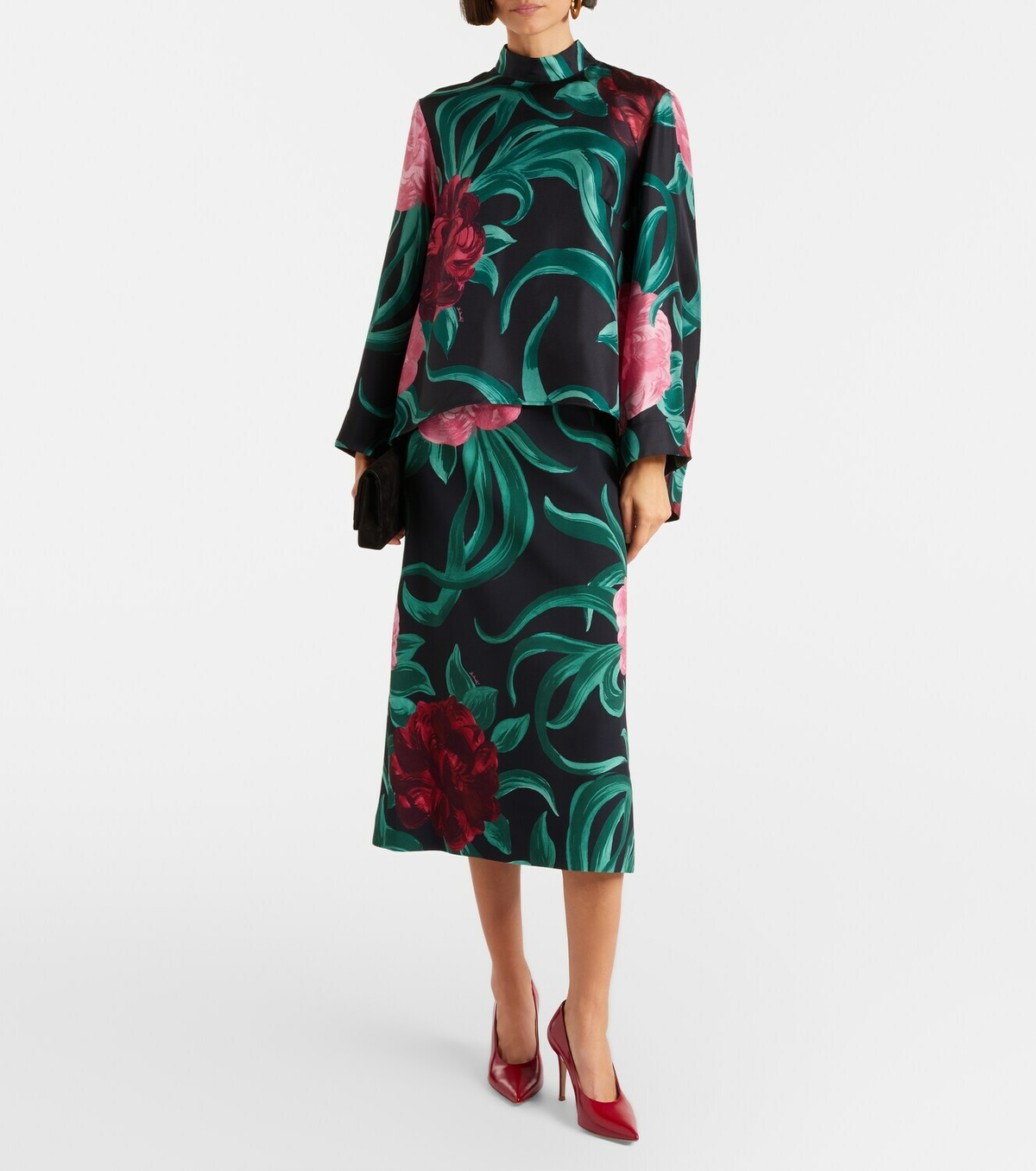 La DoubleJ Floral satin pencil skirt