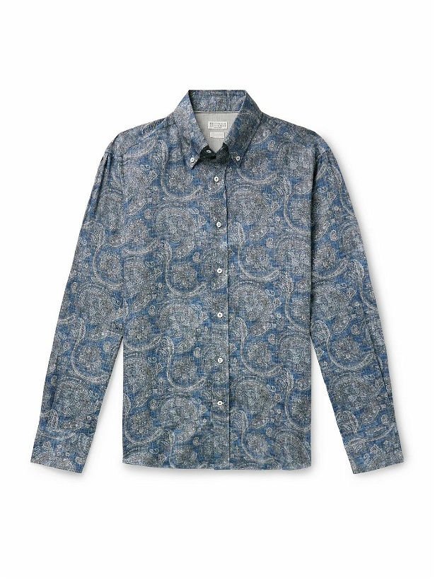Photo: Brunello Cucinelli - Button-Down Collar Paisley-Print Linen-Chambray Shirt - Blue