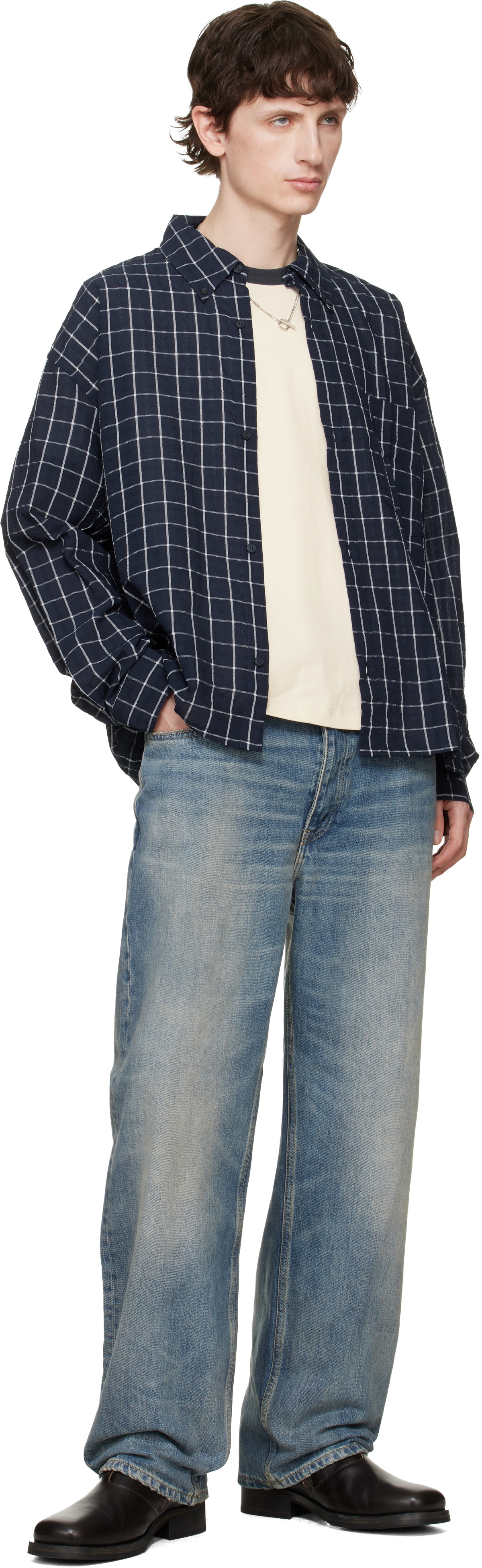 Won Hundred Navy Maza Check Shirt