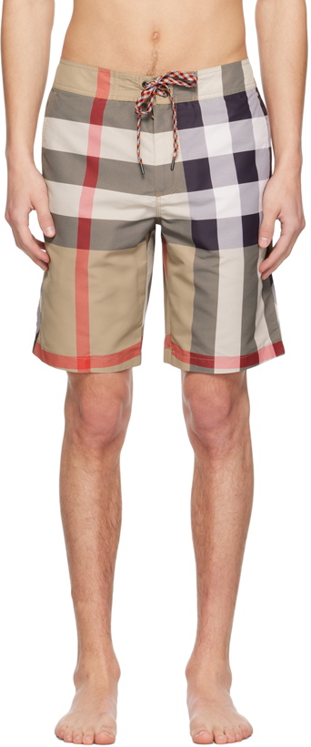 Photo: Burberry Beige Exaggerated Check Drawcord Swim Shorts