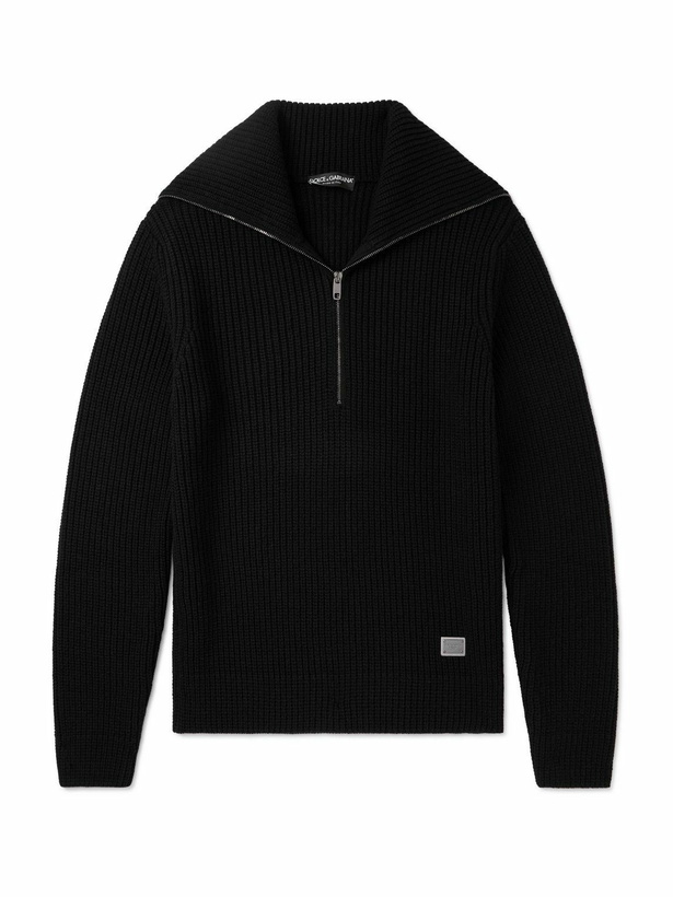 Photo: Dolce&Gabbana - Logo-Appliquéd Ribbed Wool Half-Zip Sweater - Black