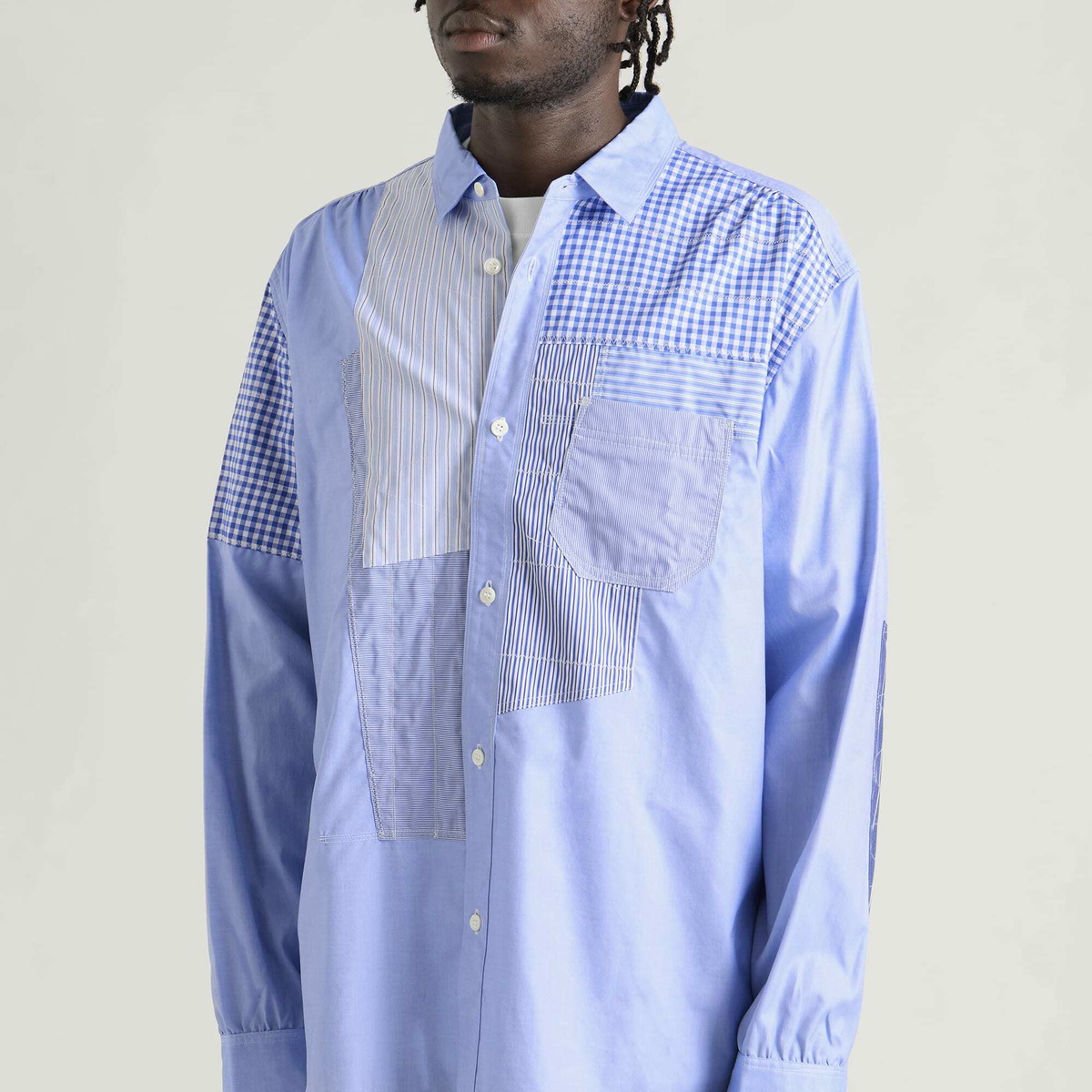 Junya Watanabe MAN Men's Patchwork Cotton Twill Check and Stripe S in Saxe Mix