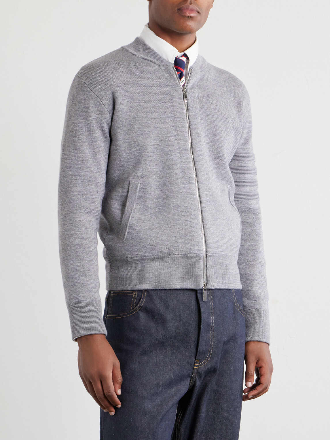 Thom Browne - Striped Wool, Linen and Cotton-Blend Zip-Up Cardigan - Gray