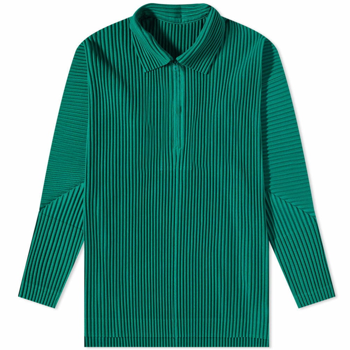 Photo: Homme Plissé Issey Miyake Men's Long Sleeve Pleat Quarter Zip Polo Shirt in Emerald Green