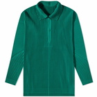 Homme Plissé Issey Miyake Men's Long Sleeve Pleat Quarter Zip Polo Shirt in Emerald Green