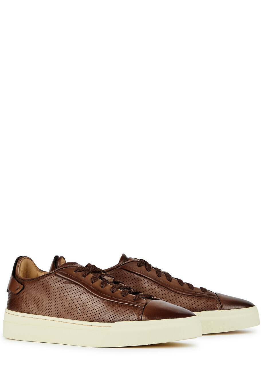 Santoni Ducting Perforated Leather Sneakers Brown 6, Santoni Trainers, Lace up Front
