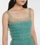 Costarellos Kali embellished tulle-trimmed plissé gown