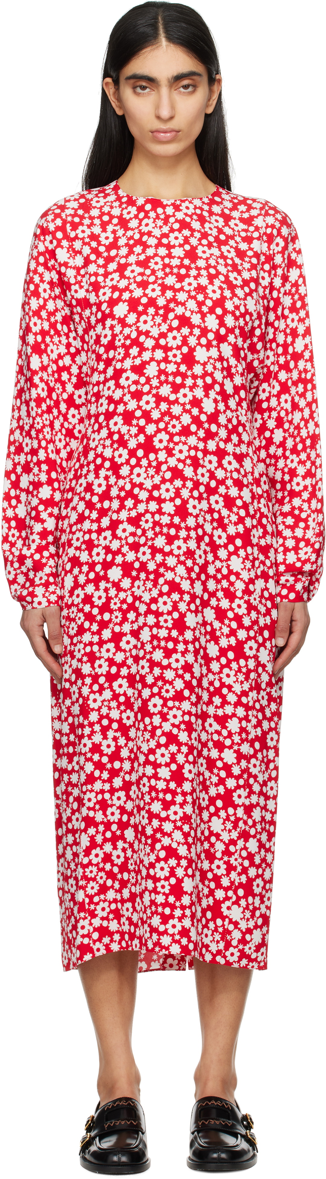 【MARNI】 Floral enver satin midi dress Floral enver satin midi dress in red - Marni | Mytheresa