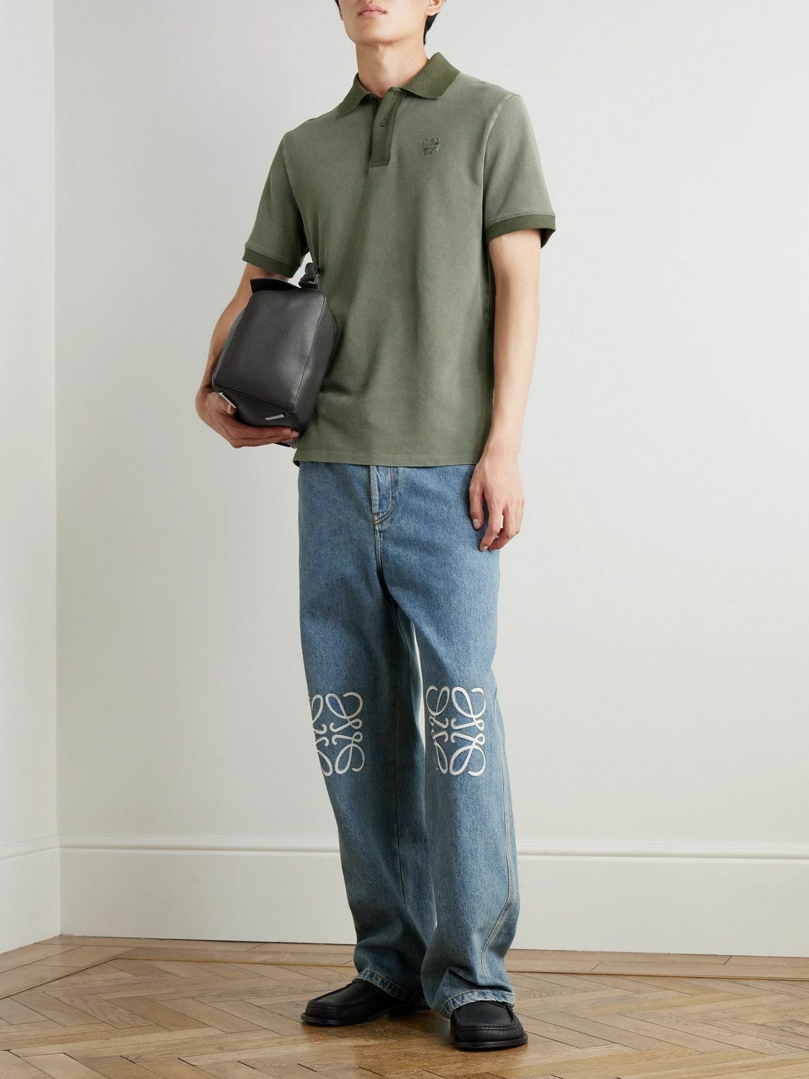 LOEWE - Slim-Fit Logo-Embroidered Distressed Cotton-Piqué Polo Shirt - Green