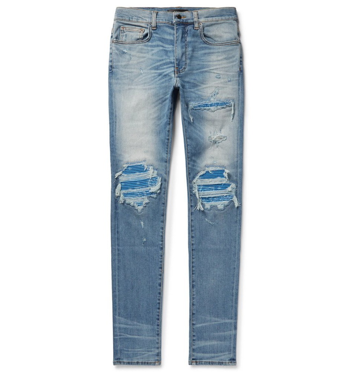 Photo: AMIRI - MX1 Skinny-Fit Panelled Distressed Stretch-Denim Jeans - Men - Mid denim