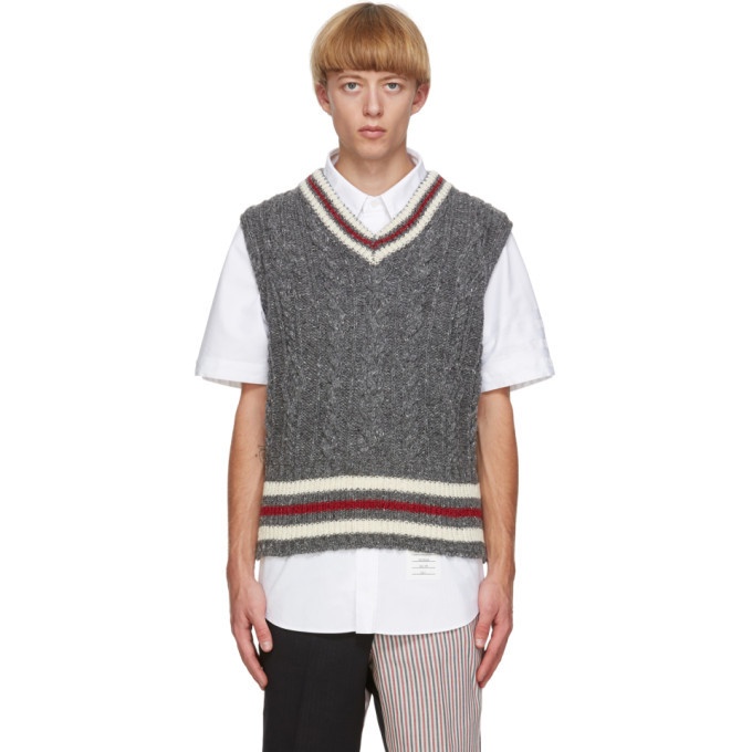 Photo: Thom Browne Grey Wool and Mohair Aran Cable Vest