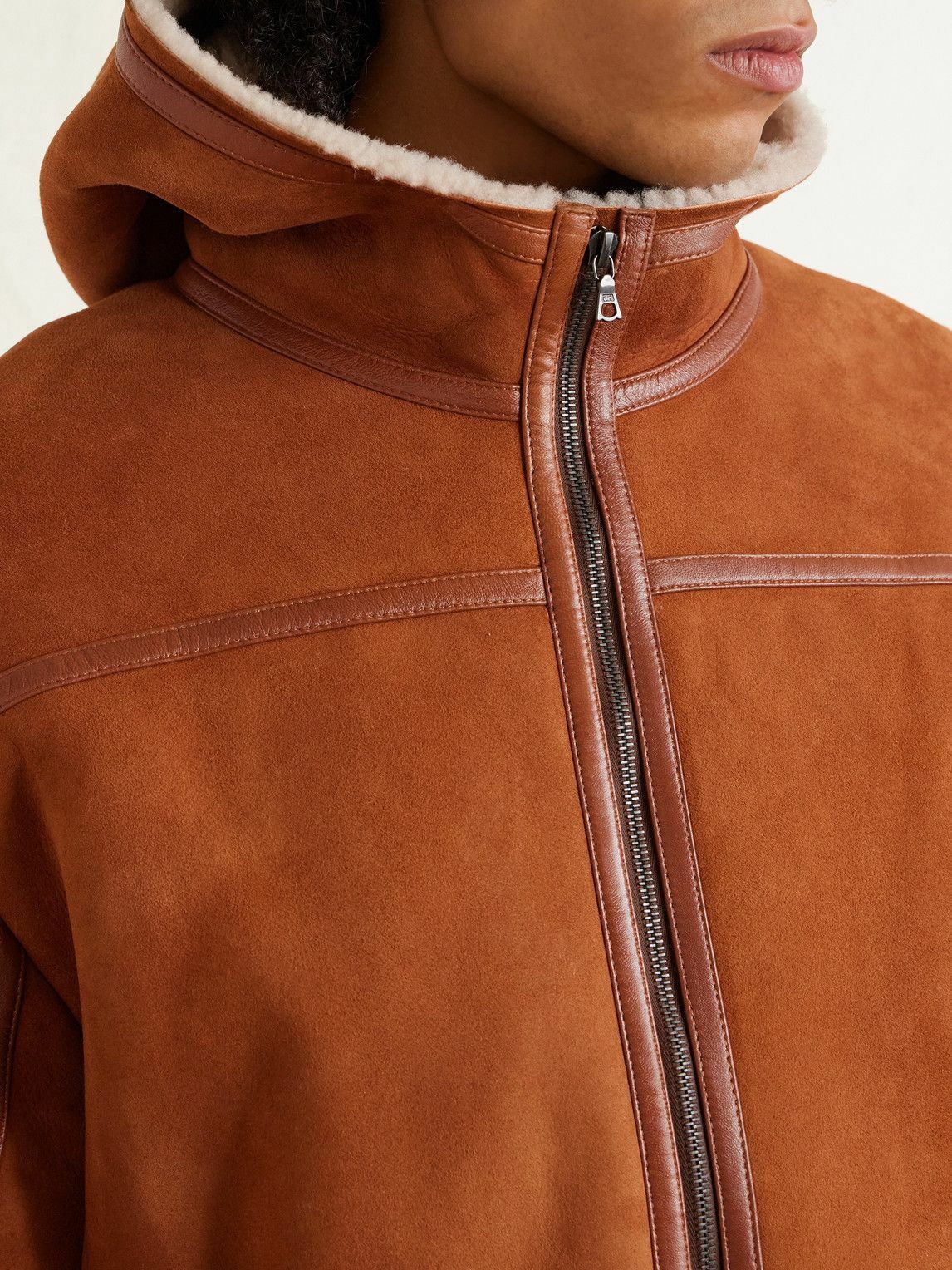 The Elder Statesman - Leather-Trimmed Shearling Hooded Jacket - Brown