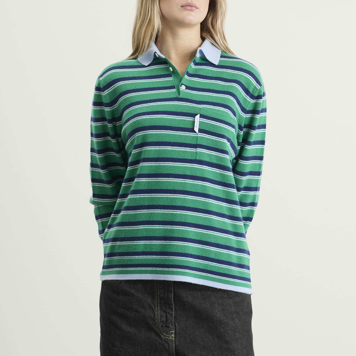 Hommegirls Women's Knit Stripe Polo in Green Stripe
