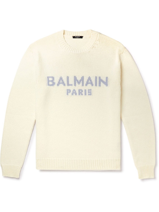 Photo: Balmain - Logo-Intarsia Wool Sweater - White