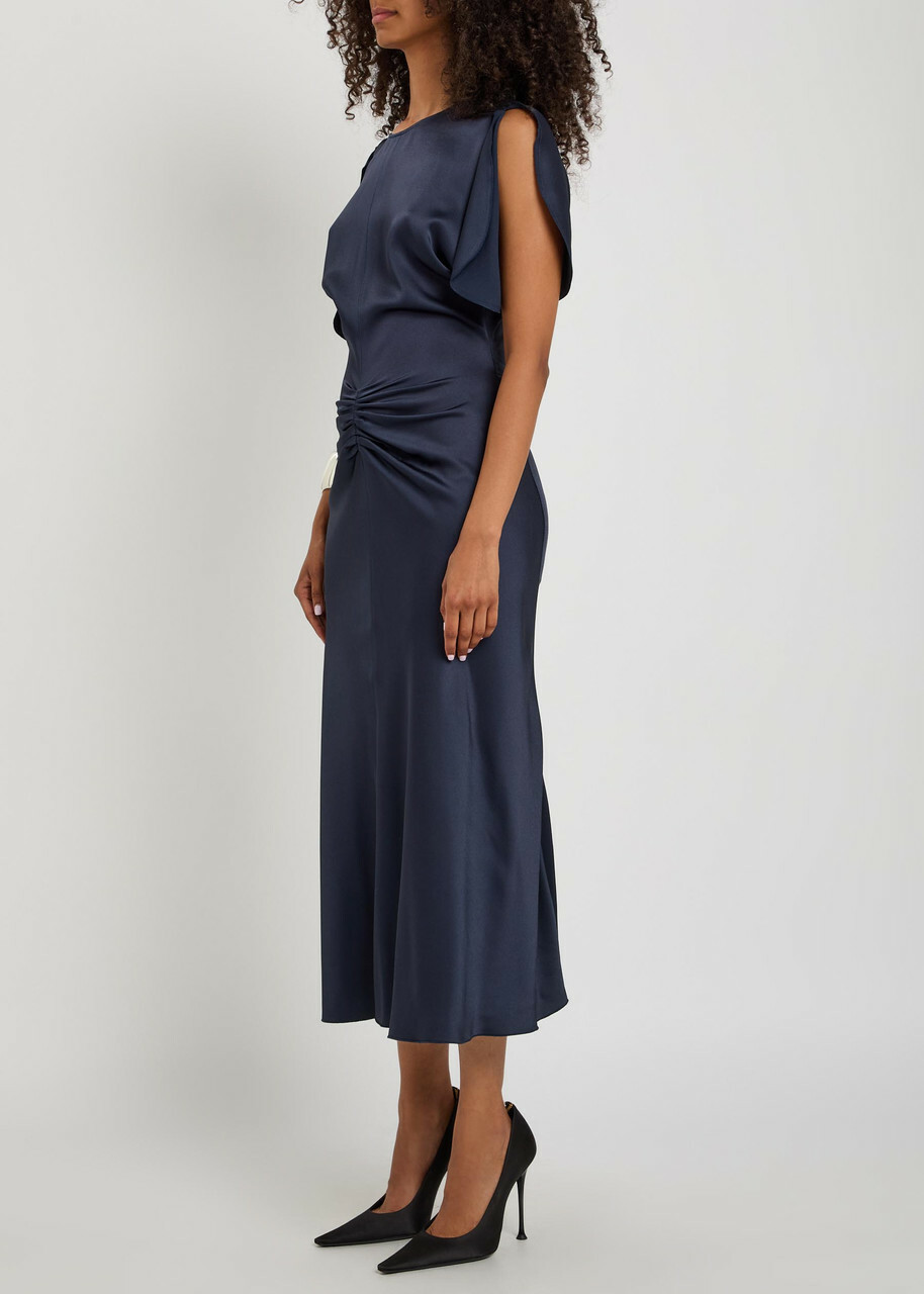 Victoria Beckham Bela Gathered Satin-crepe Midi Dress Navy