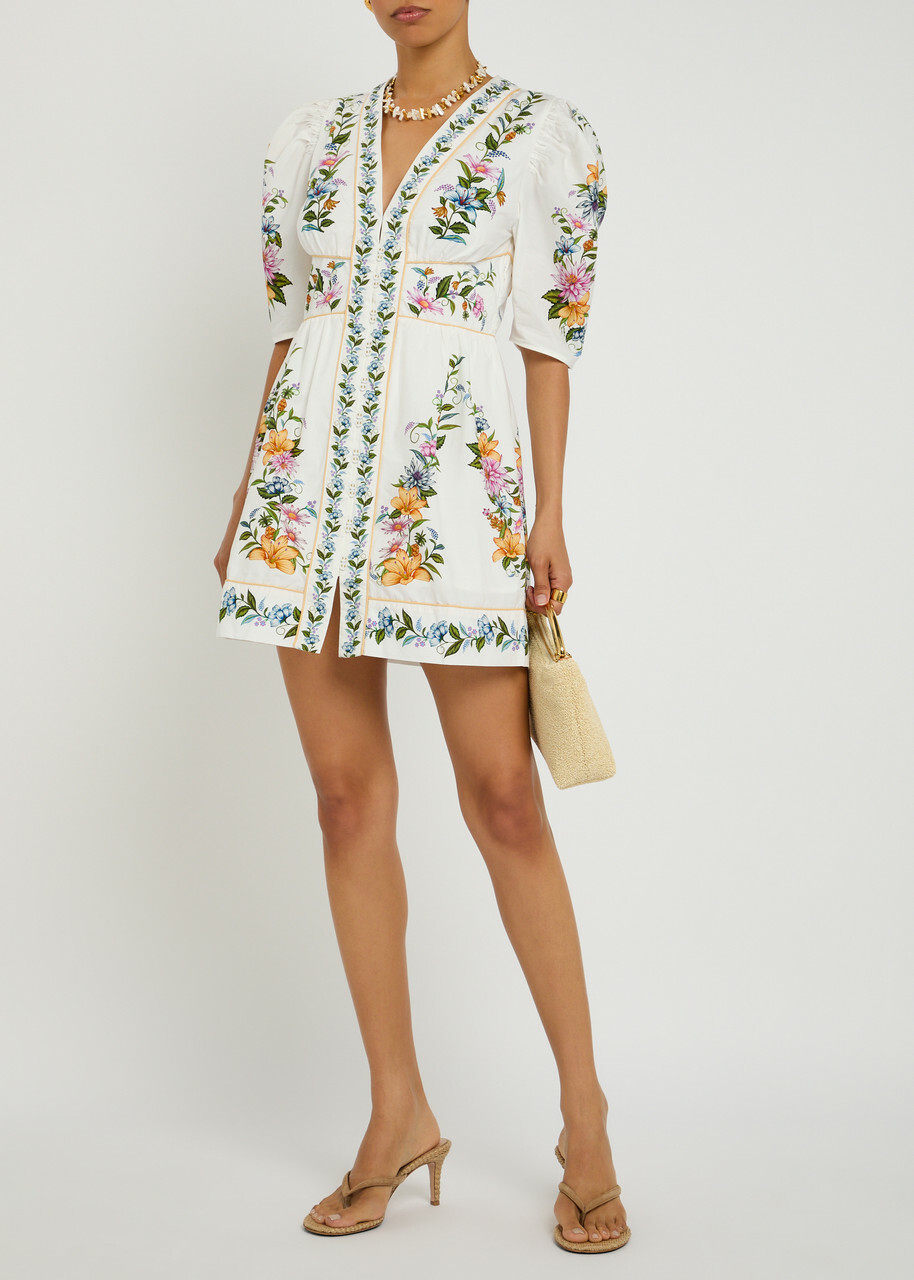 Farm Rio Sweet Bloom Floral-print Cotton Mini Dress White