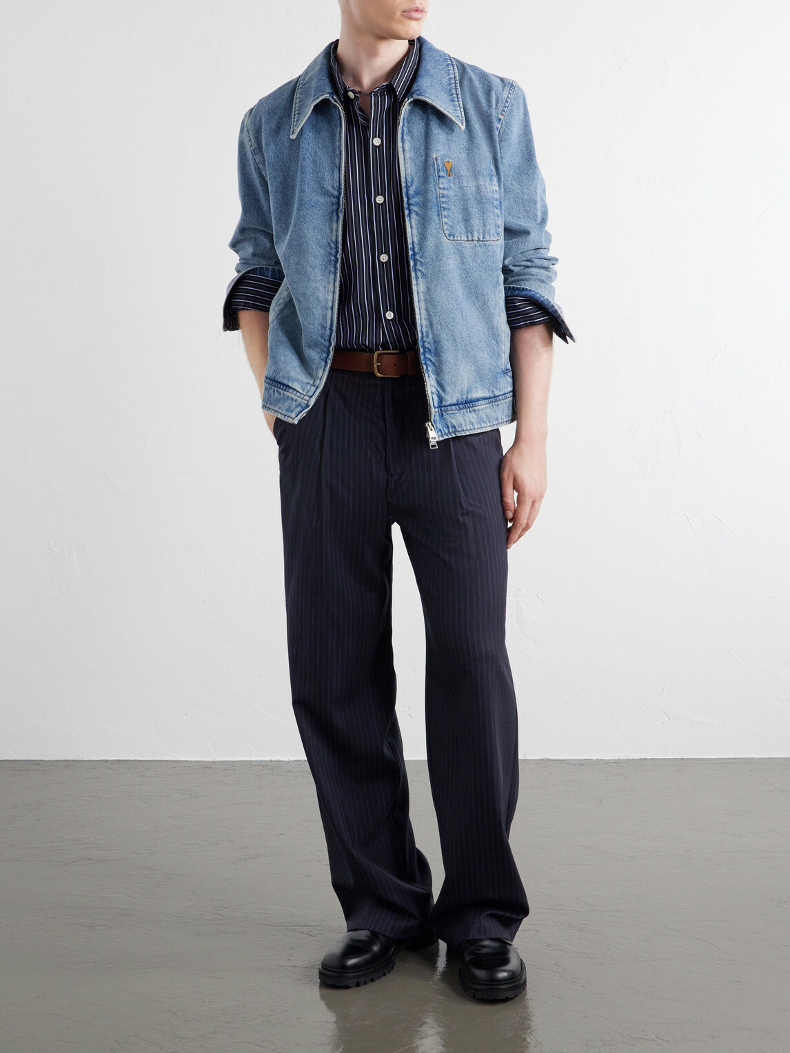 AMI PARIS - Logo-Embroidered Washed-Denim Jacket - Blue