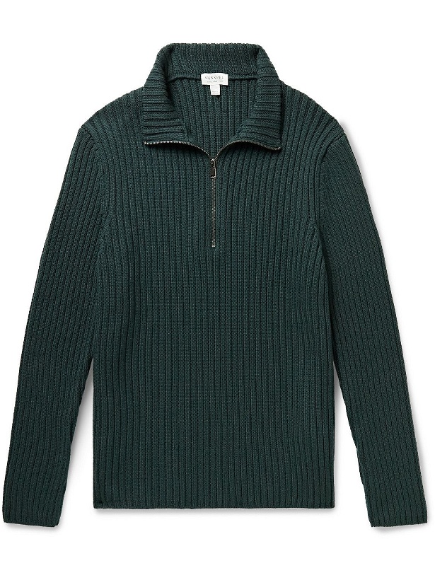 Photo: Sunspel - Slim-Fit Ribbed Merino Wool Half-Zip Sweater - Green