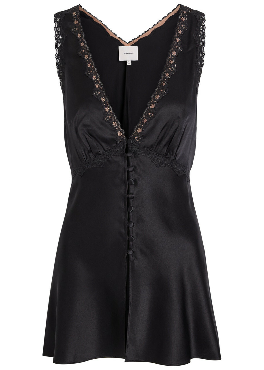 Reformation Addie Lace-trimmed Silk top Black