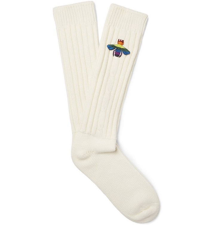 Photo: Gucci - Appliquéd Ribbed Knitted Socks - Men - White