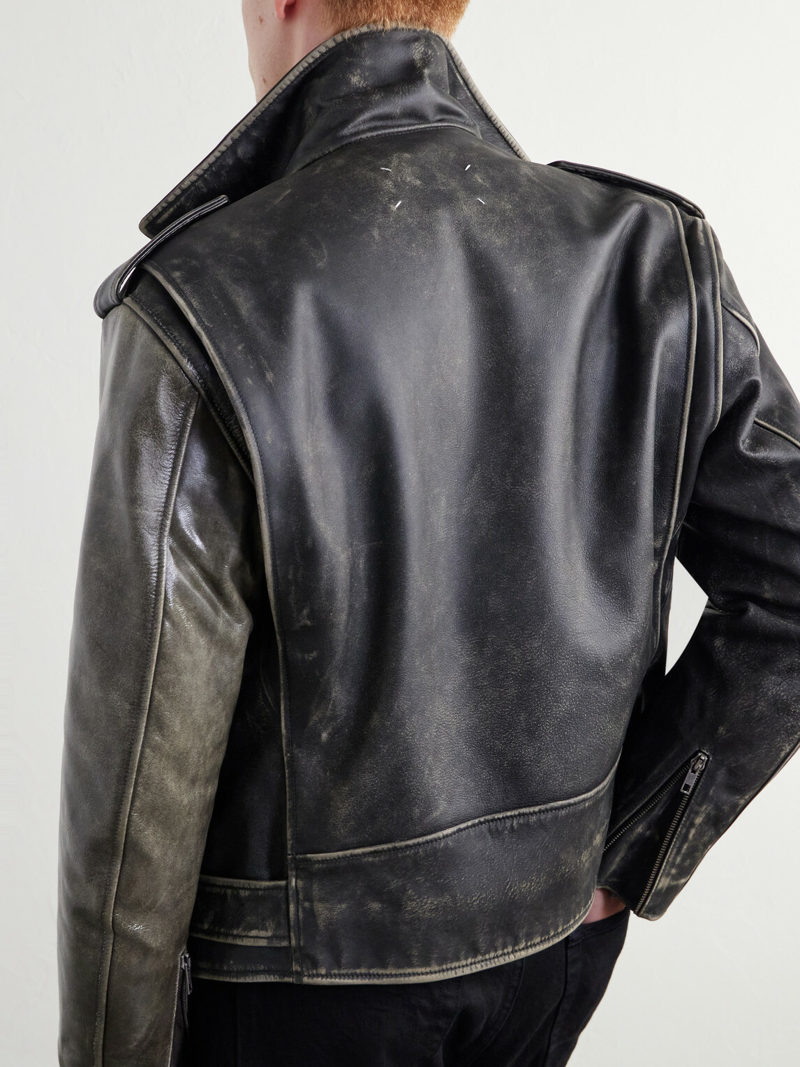 Maison Margiela - Belted Distressed Leather Biker Jacket - Brown