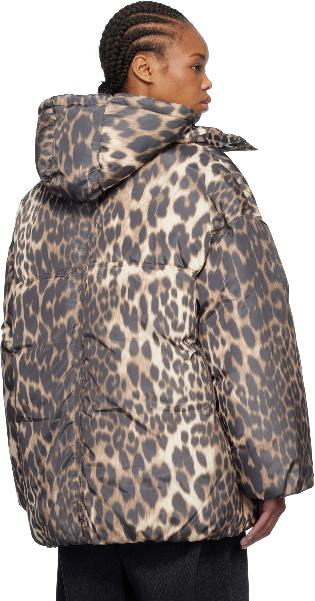 GANNI Beige & Brown Leopard Midi Down Jacket