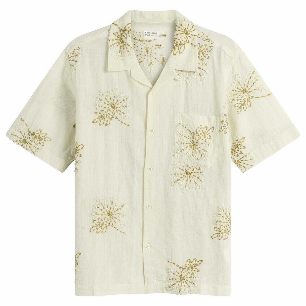 Universal Works Men's Hand Embroidered Stripe Road Shirt in Ecru