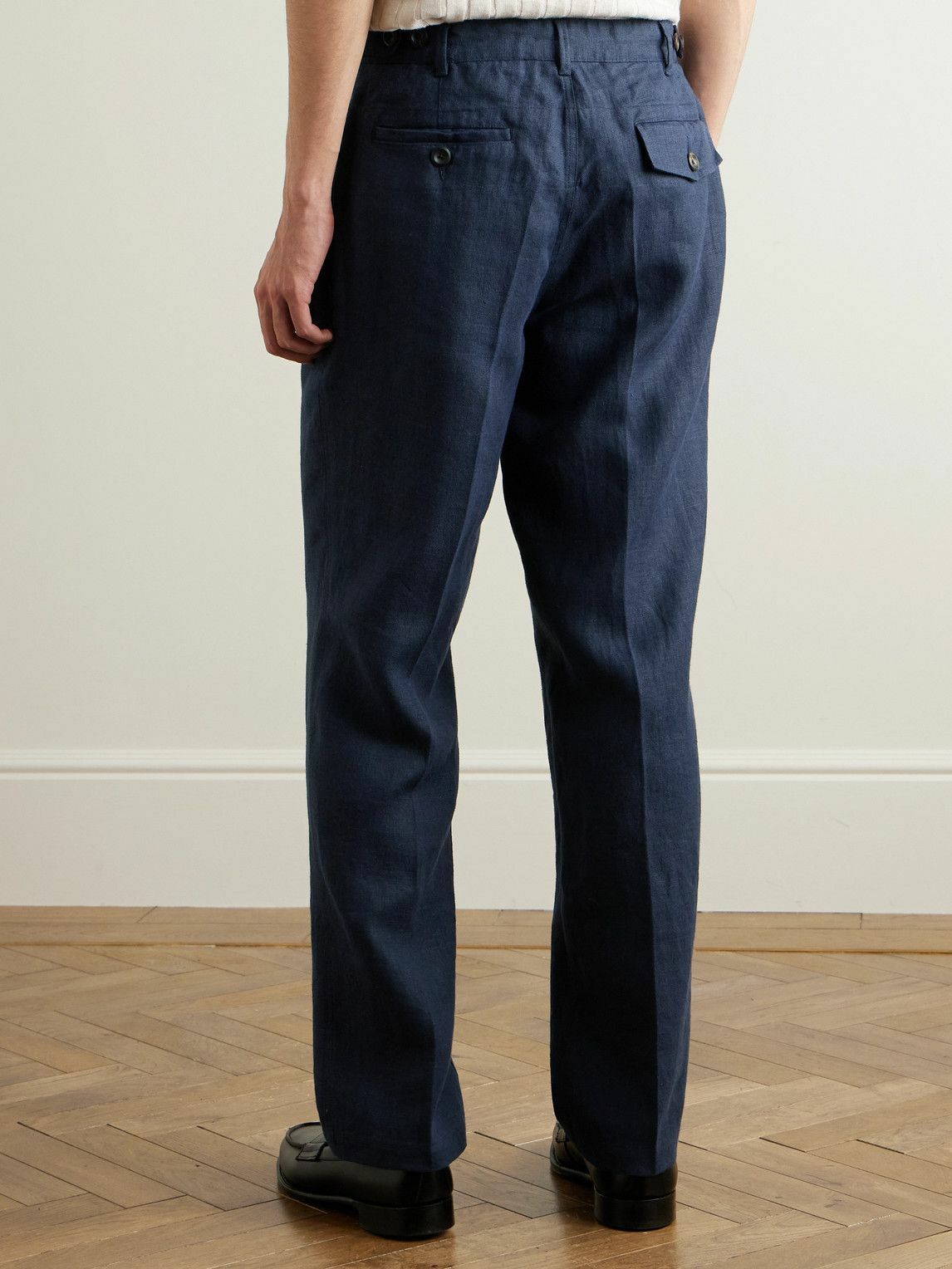 Drake s Games Tapered Pleated Linen Trousers Blue Drake s drake-s-games-tapered-pleated-linen-trousers-blue-drake-s