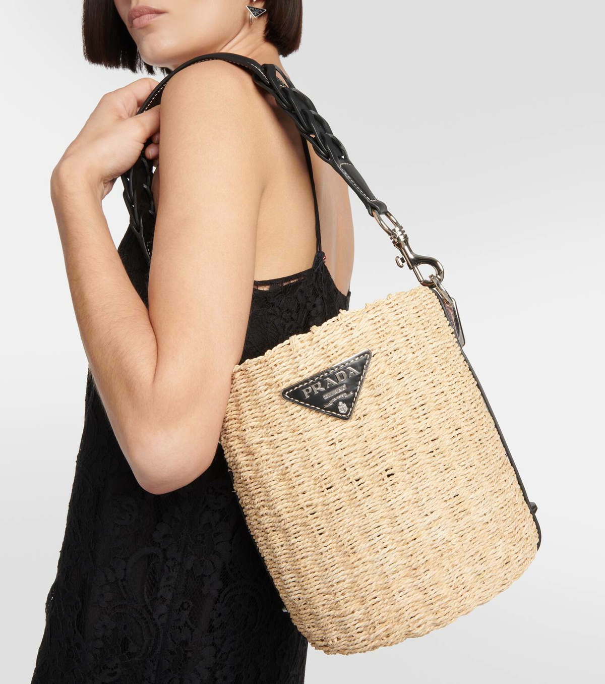 Prada Leather-trimmed raffia bucket bag Prada