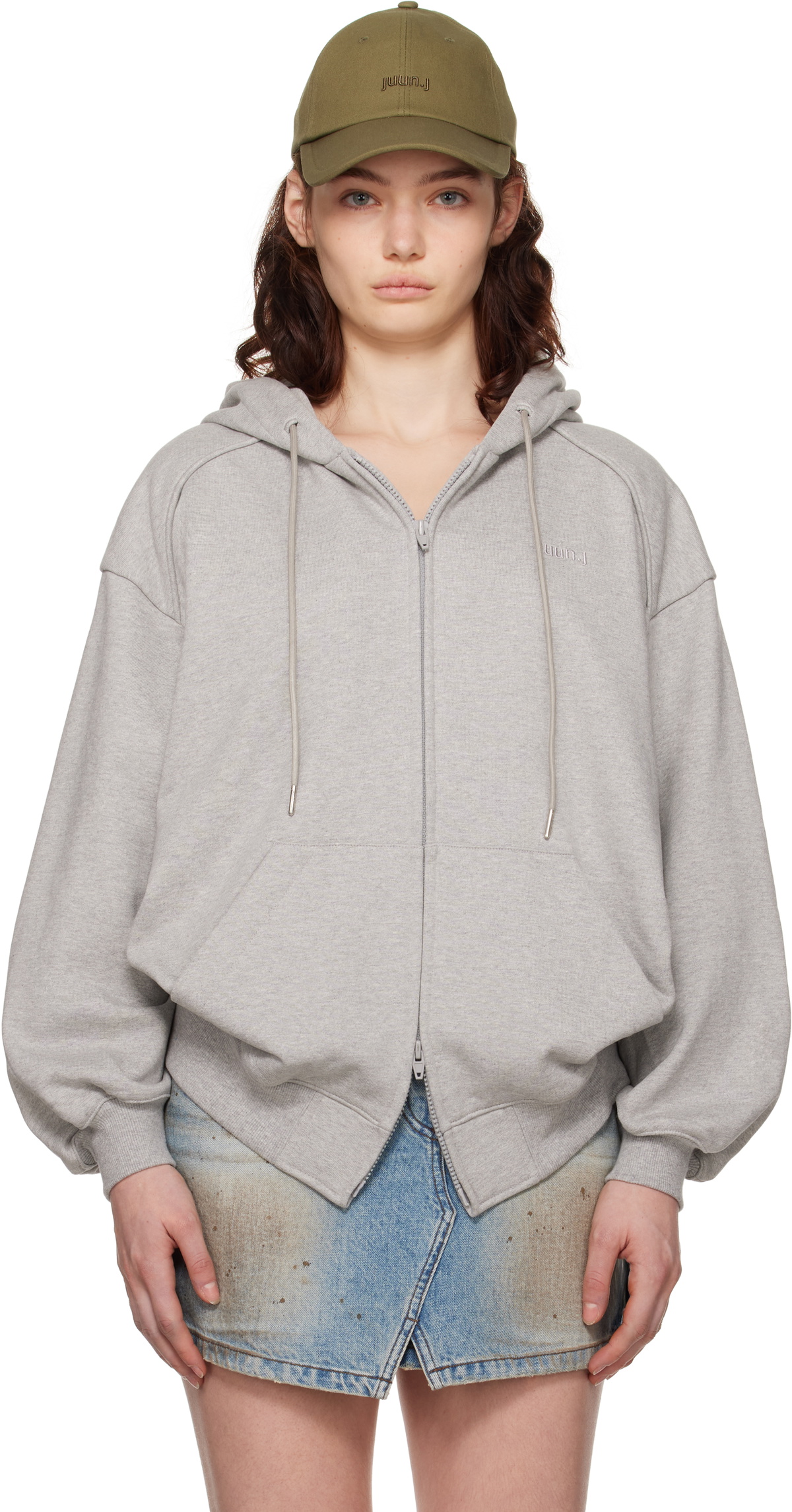 Juun.J Gray Lettering Zip-Up Hoodie