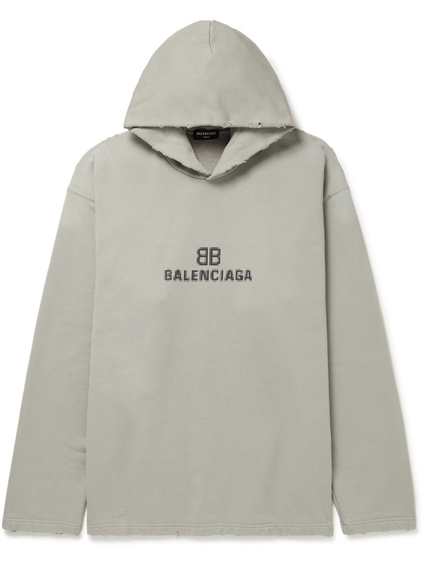 Photo: Balenciaga - Distressed Logo-Print Cotton-Jersey Hoodie - Gray