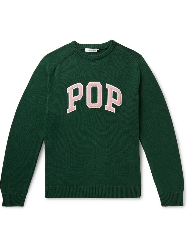 Photo: Pop Trading Company - Arch Logo-Appliquéd Ribbed Cotton Sweater - Green