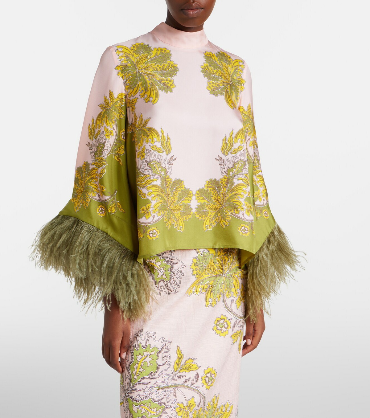 La DoubleJ Make An Exit feather-trimmed silk twill top