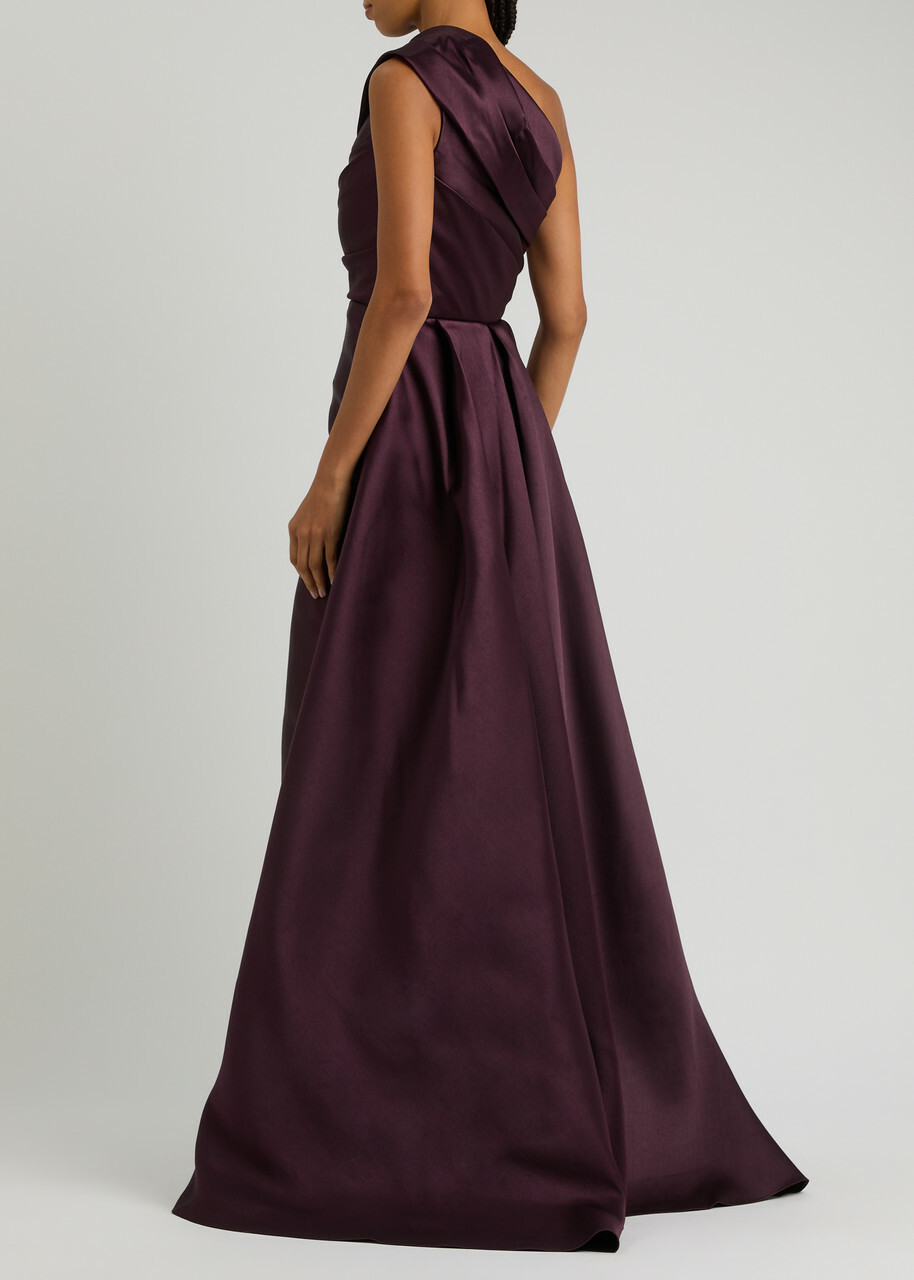 Solace London Alba One-shoulder Draped Satin Gown Aubergine Solace London